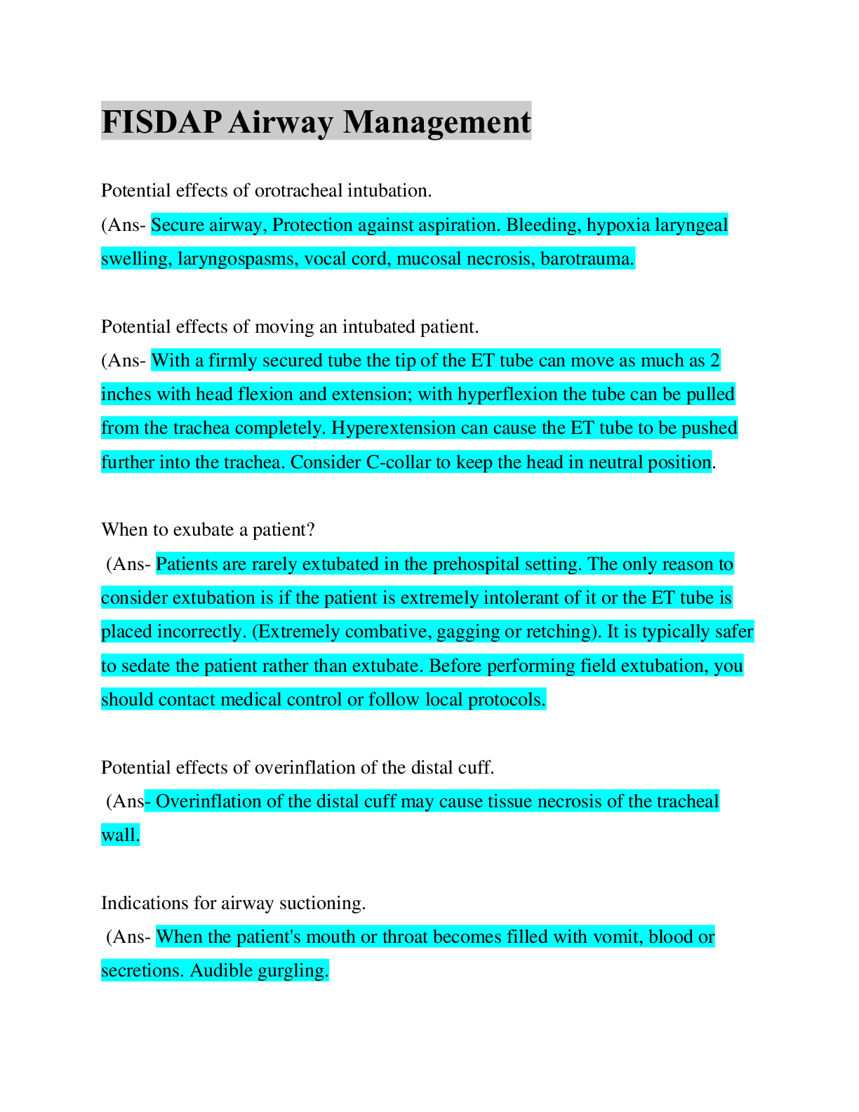 Preview image of FISDAP Airway Management Study Guide; Guaranteed A+ Guide document